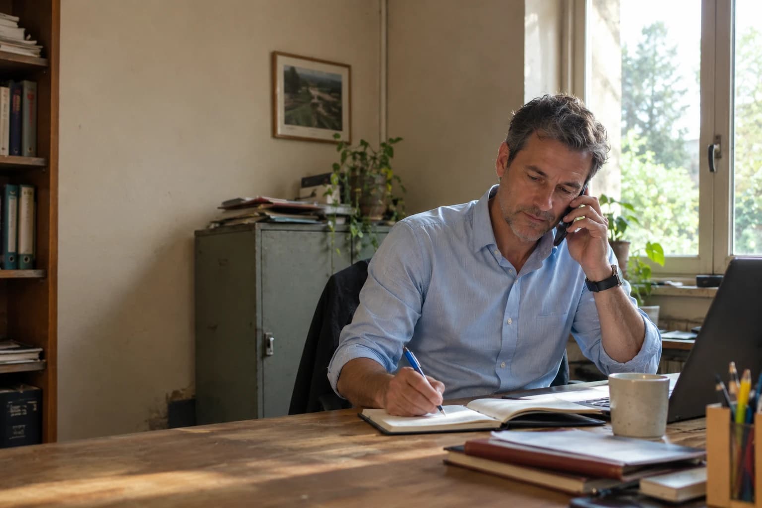 Un dirigeant de PME au téléphone dans son bureau