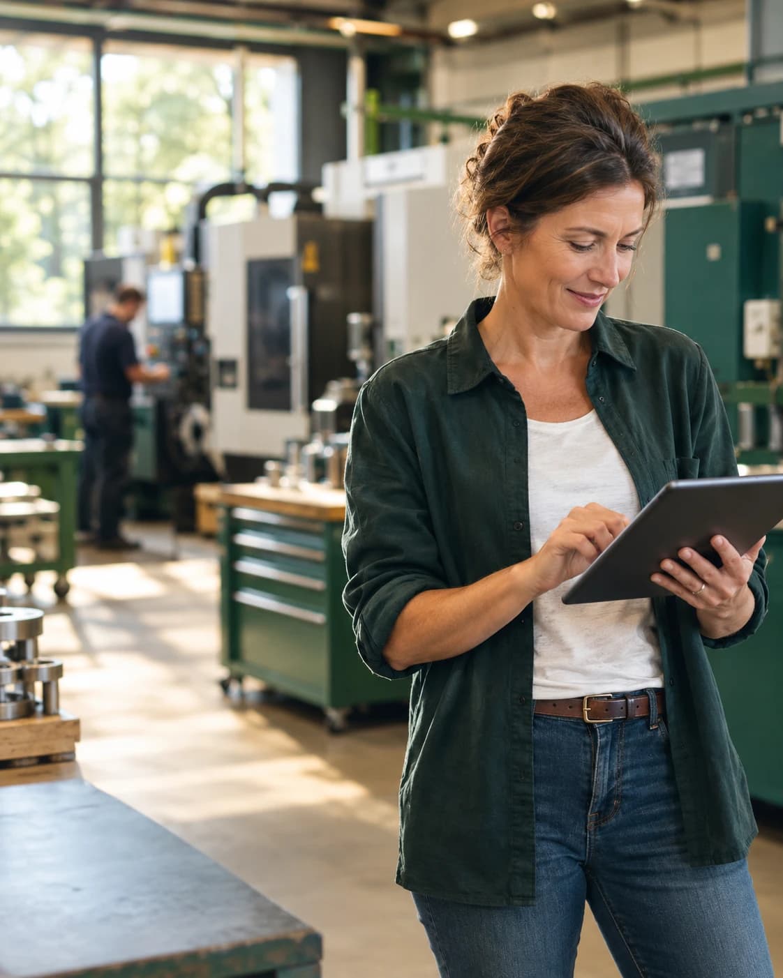 Une dirigeante de PME dans son atelier, tablette en main